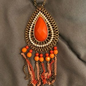 Long Boho Orange Statement Necklace